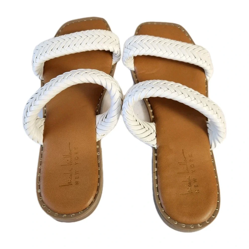 Nicole Miller Oby Double Braided Flat Sandals Womens Size 8.5 White Dress Slides